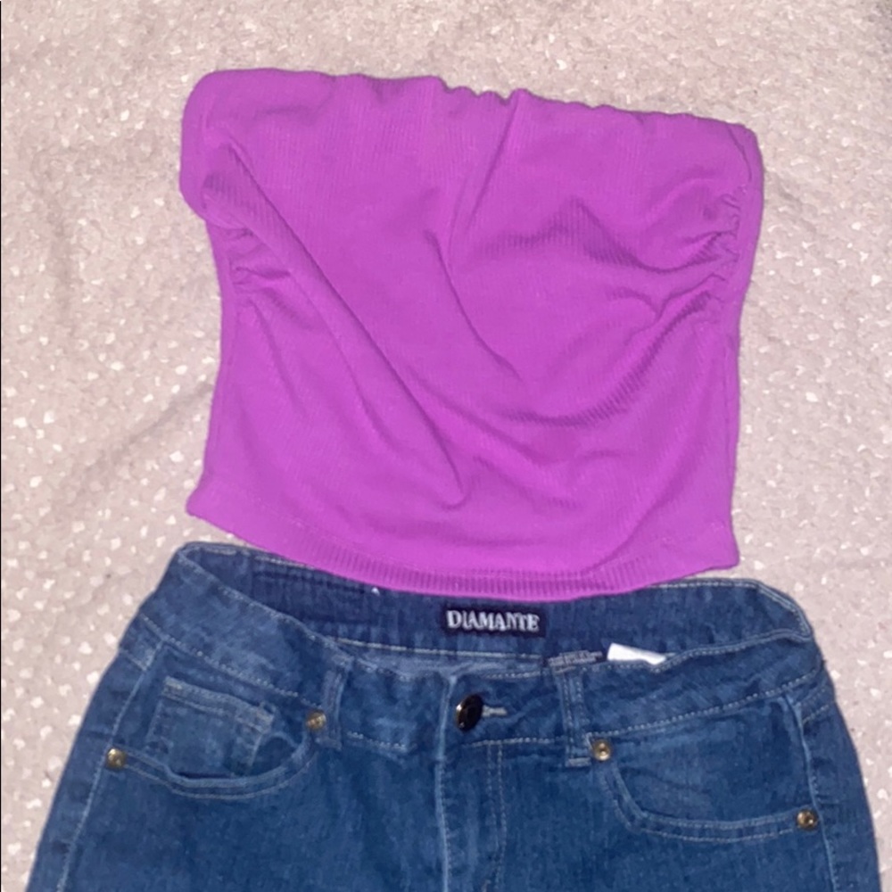 Tube top with ripped denim jeans